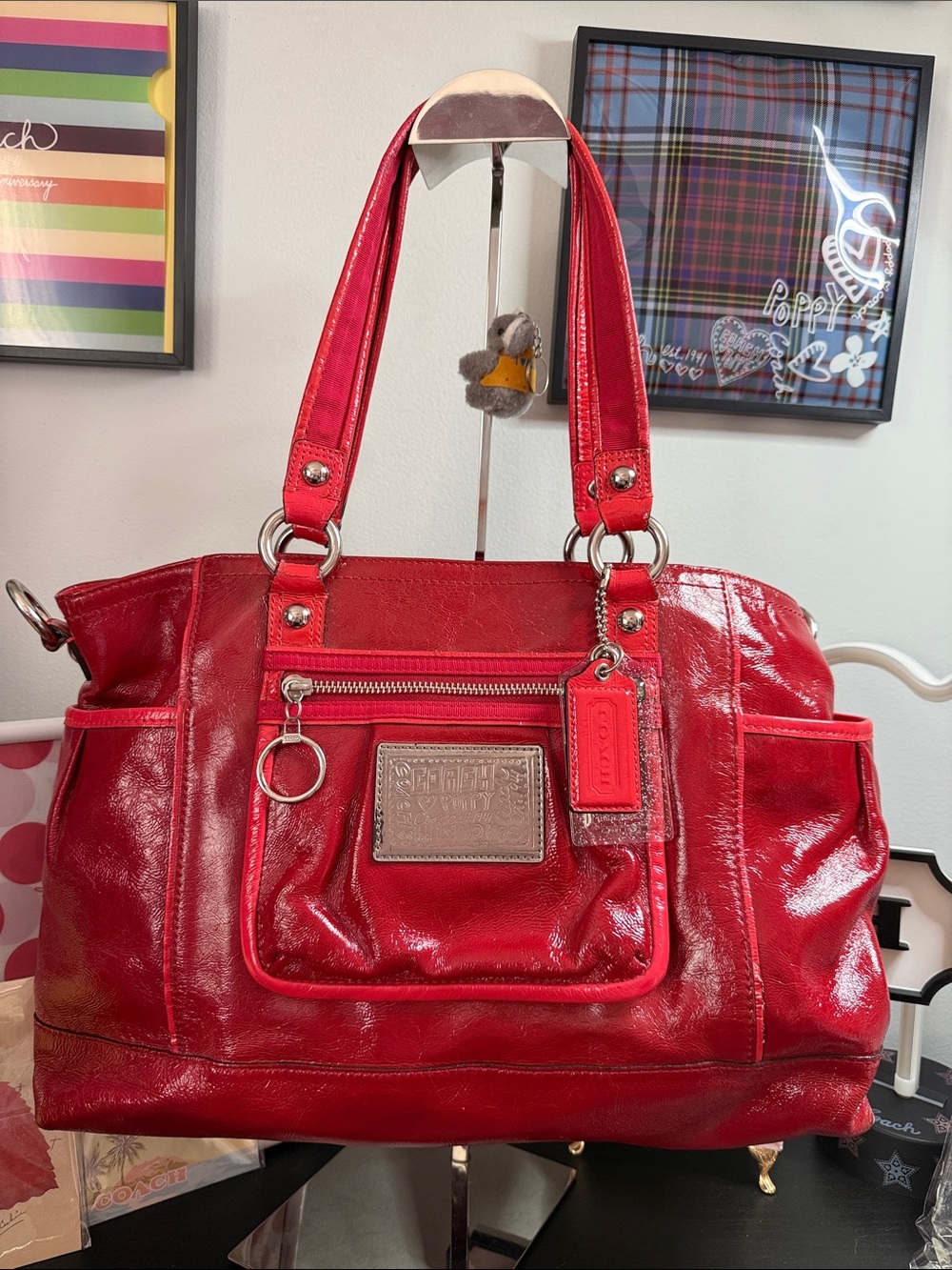 Coach Poppy Y2K Red Patent Leather Shoulder Bag with Front Pocket